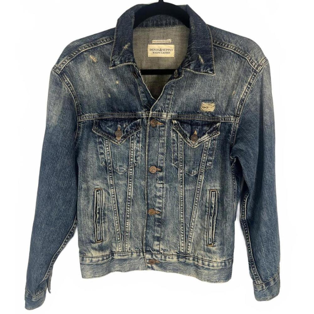 Denim & Supply Ralph Lauren Distressed Denim Trucker Streetweat Jacket - Small